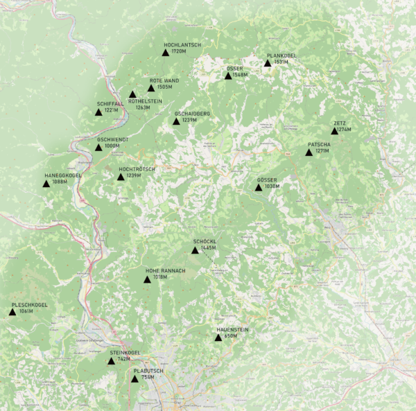 Karte vom Grazer Bergland mit den Gipfeln