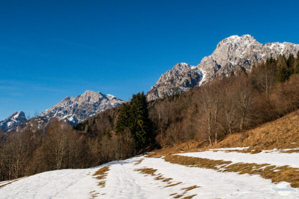 Alpenpanorama: Blick auf felsige Berggipfel, Wiese mit Schnee davor