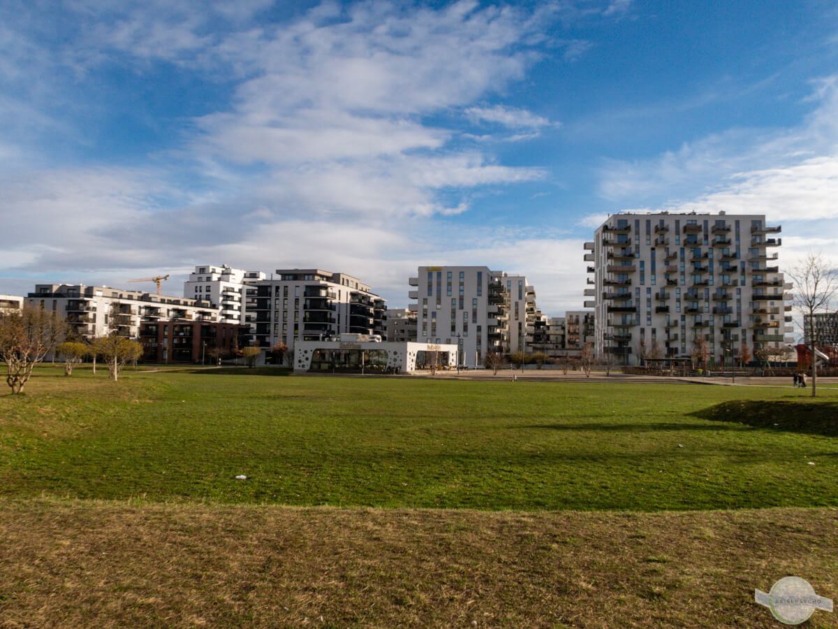Sonnwendpark in Wien - vorne Wiese, hinten Hochhäuser