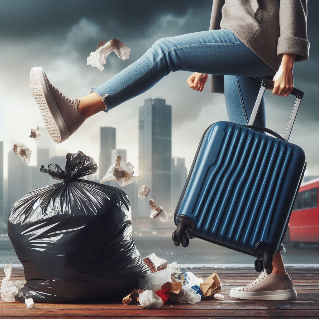 Fehlverhalten auf Reisen - Person mit Koffer tritt gegen Müllsack