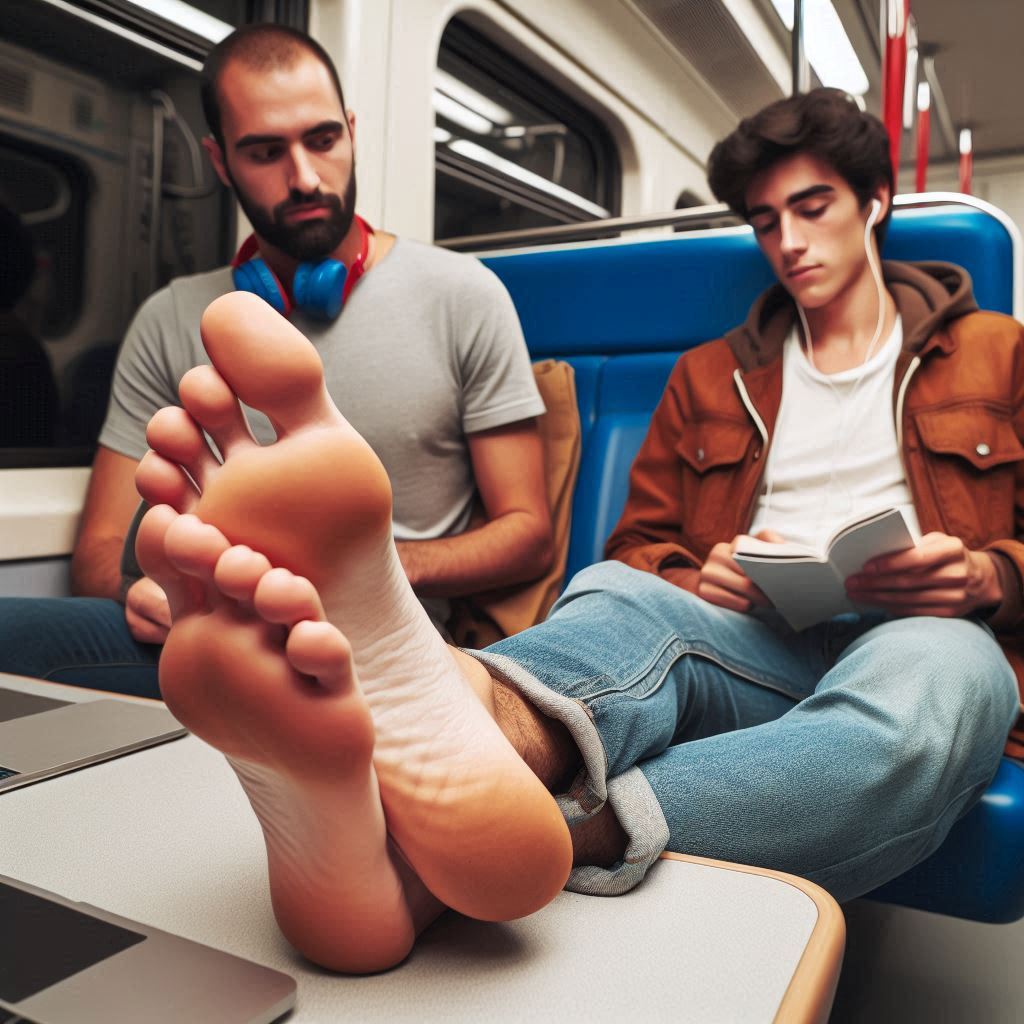 Nackte Füße im Zug am Tisch