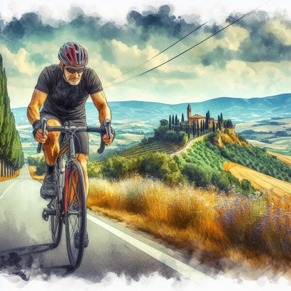 Sportreisender Babyboomer am Rennrad in der Toskana