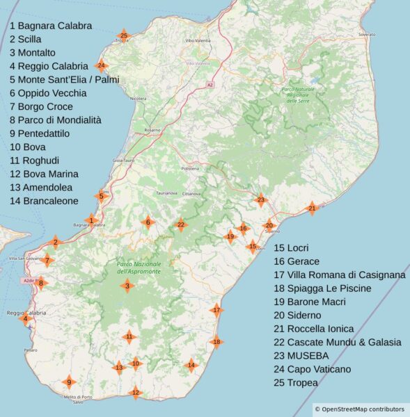 Kalabrien Rundreise Karte mit besuchten Orten